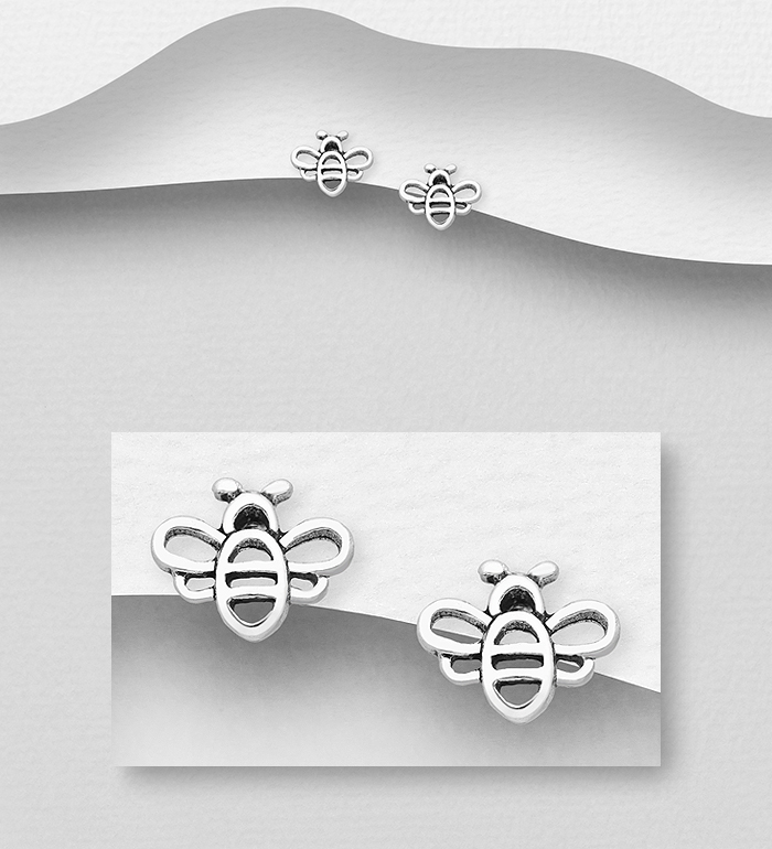 Wholesale 925 Sterling Silver oxidized Bee Push-Back Earrings - SKU #1068-1206