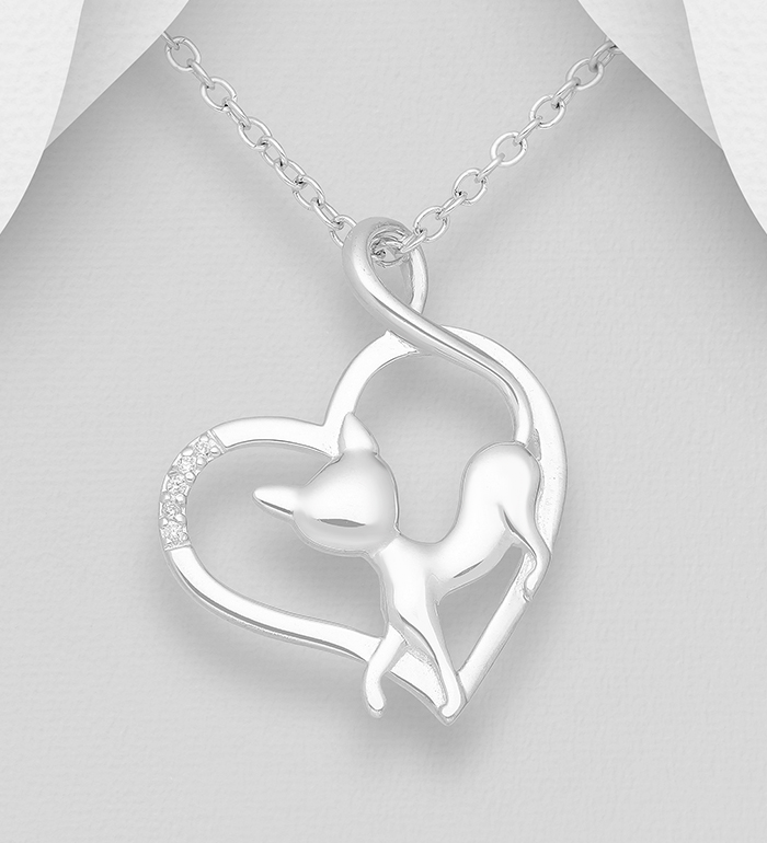 Wholesale 925 Sterling Silver Cat and Heart Pendant, Decorated with CZ Simulated Diamonds - SKU #1063-1049