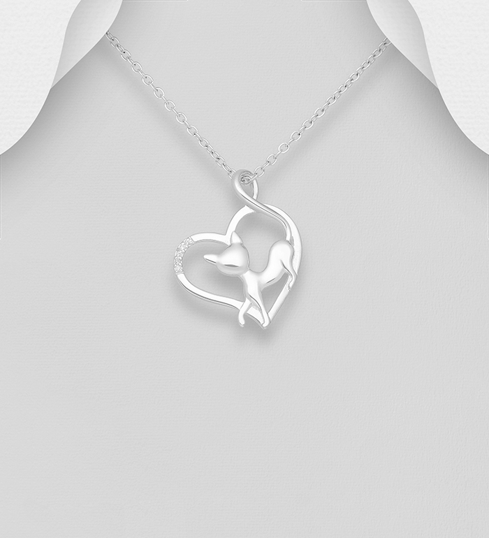 Wholesale 925 Sterling Silver Cat and Heart Pendant, Decorated with CZ Simulated Diamonds - SKU #1063-1049