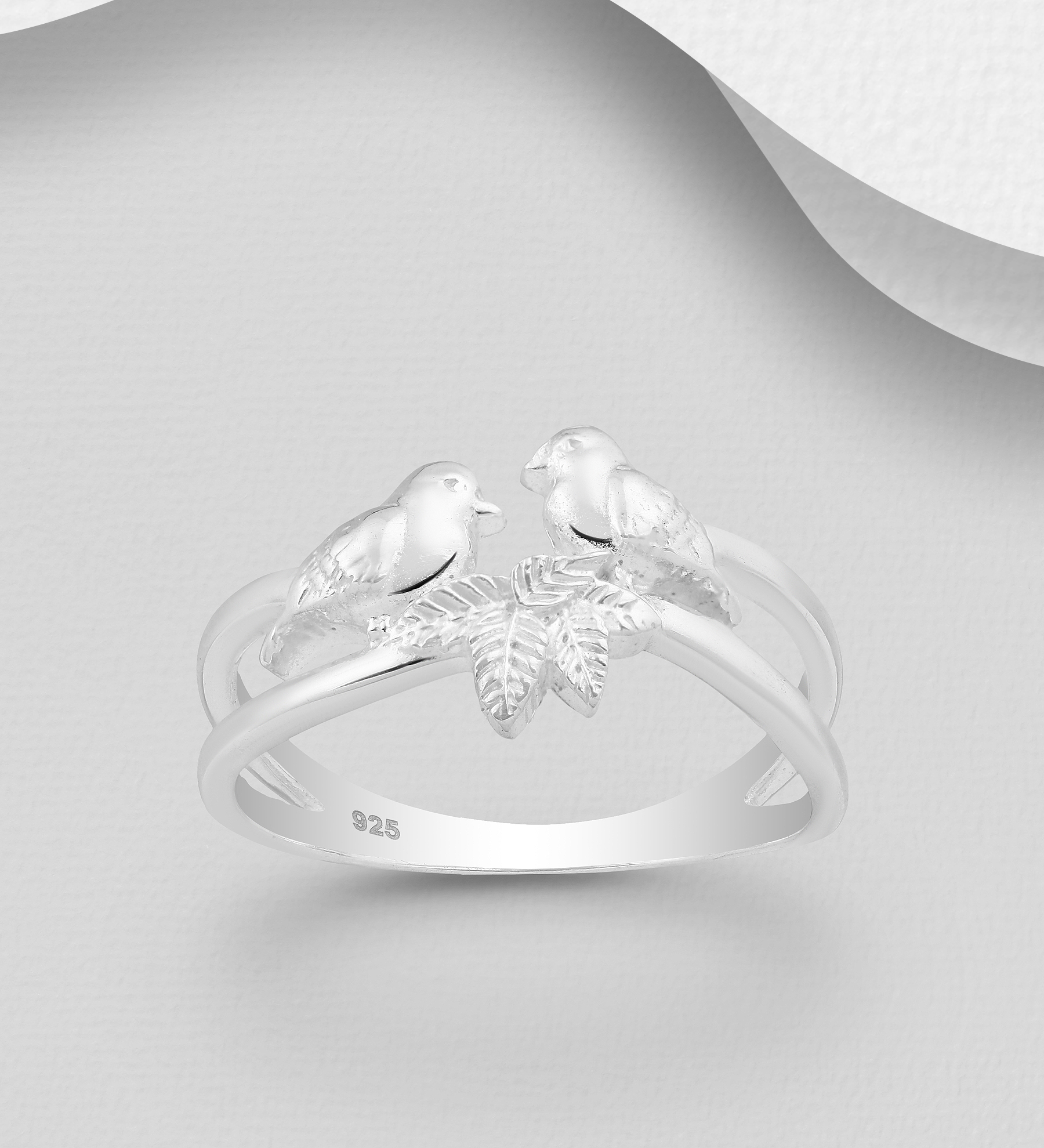 Wholesale 925 Sterling Silver Love Birds & Leaf Ring - SKU #1063-1132