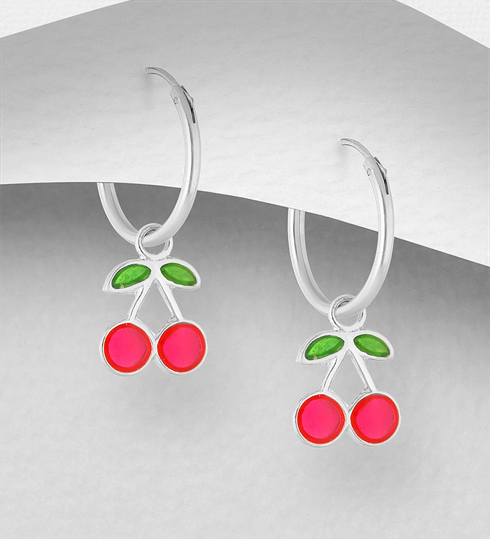 Wholesale 925 Sterling Silver Cherry Hoop Earrings Decorated With Colored Enamel - SKU #1068-1223