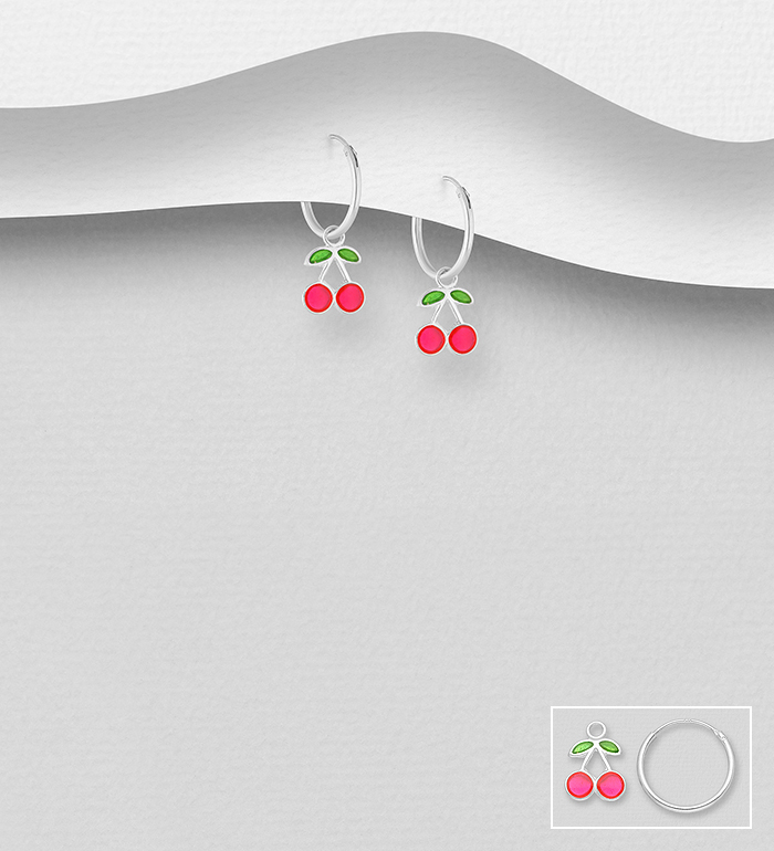 Wholesale 925 Sterling Silver Cherry Hoop Earrings Decorated With Colored Enamel - SKU #1068-1223