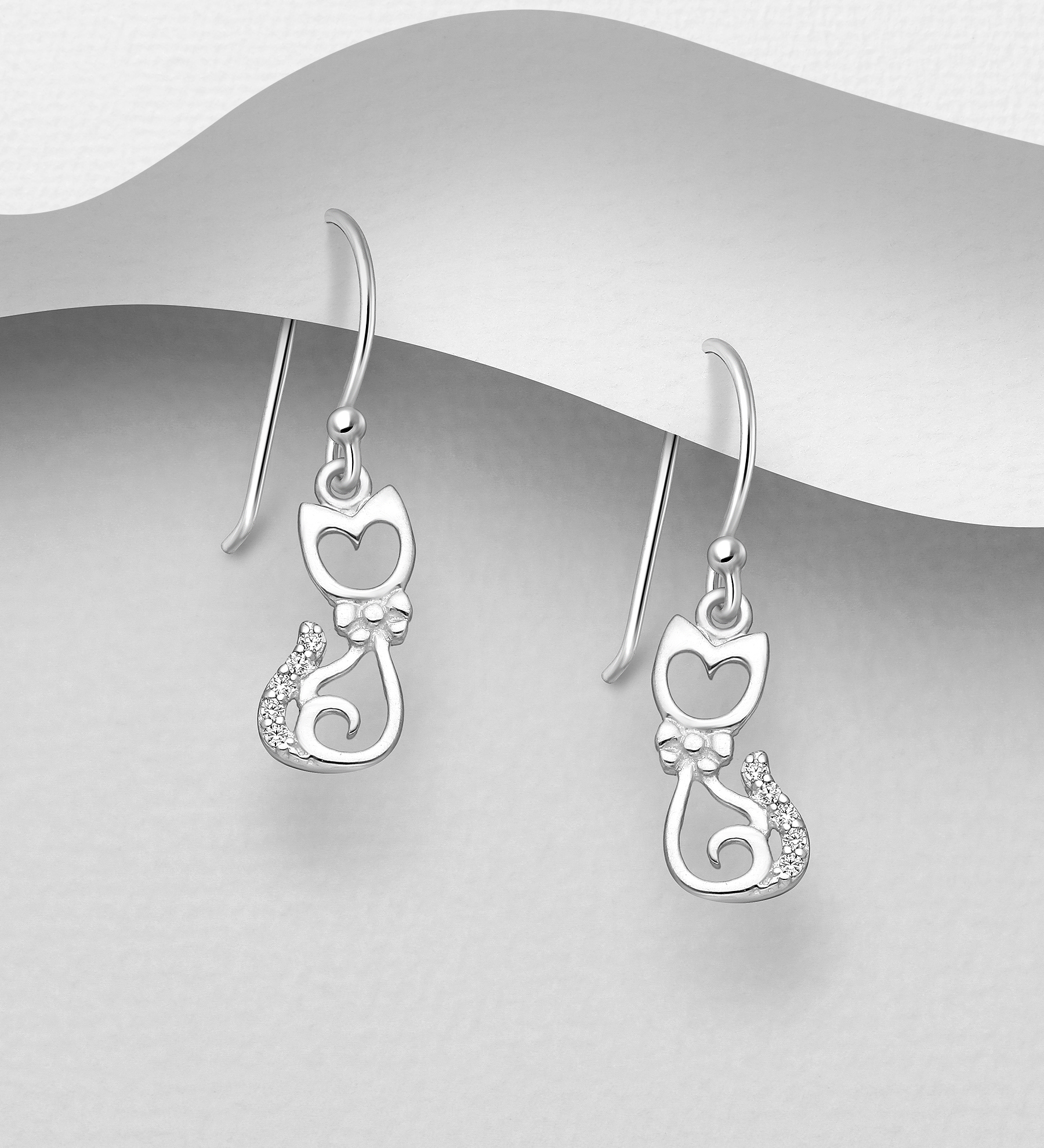 Wholesale 925 Sterling Silver Cat Hook Earrings Decorated with CZ Simulated Diamonds - SKU #1063-1281