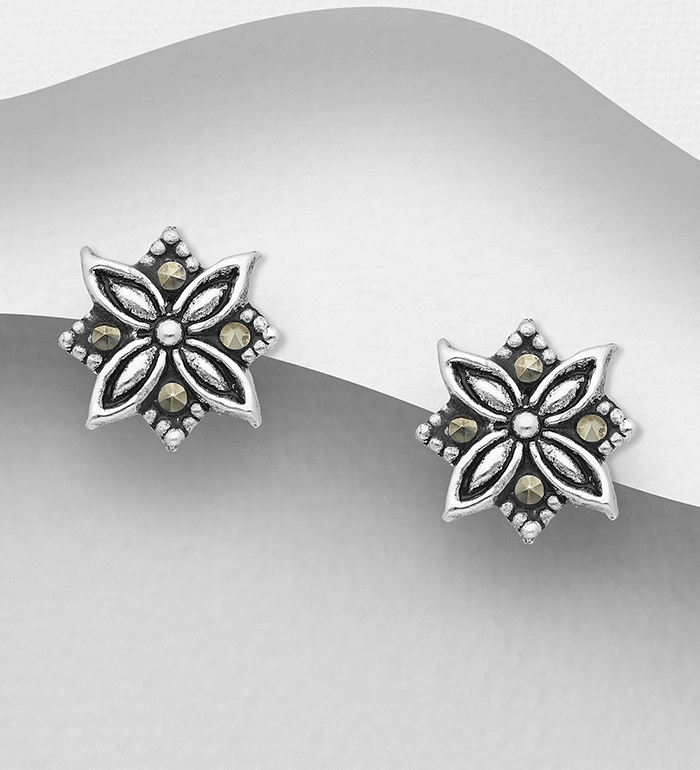 Wholesale 925 Sterling Silver Flower Push-Back Earrings Decorated With Marcasite - SKU #565-5927