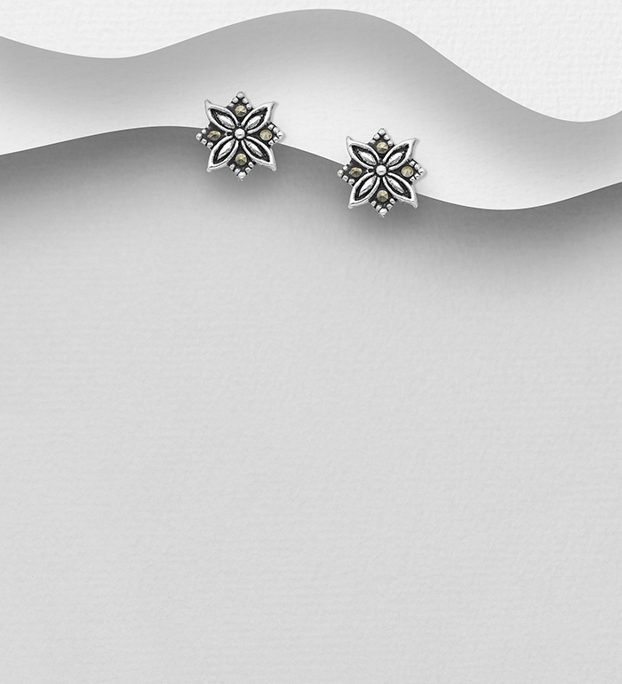 Wholesale 925 Sterling Silver Flower Push-Back Earrings Decorated With Marcasite - SKU #565-5927