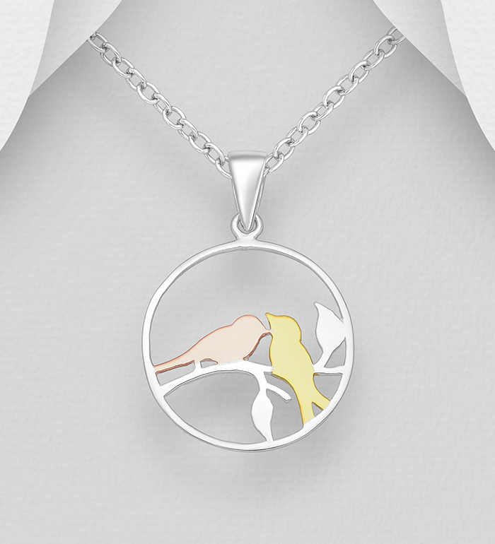 Wholesale 925 Sterling Silver Circle Birds Pendant, Birds Plated with 1 Micron 18K Yellow and Pink Gold - SKU #1063-1328