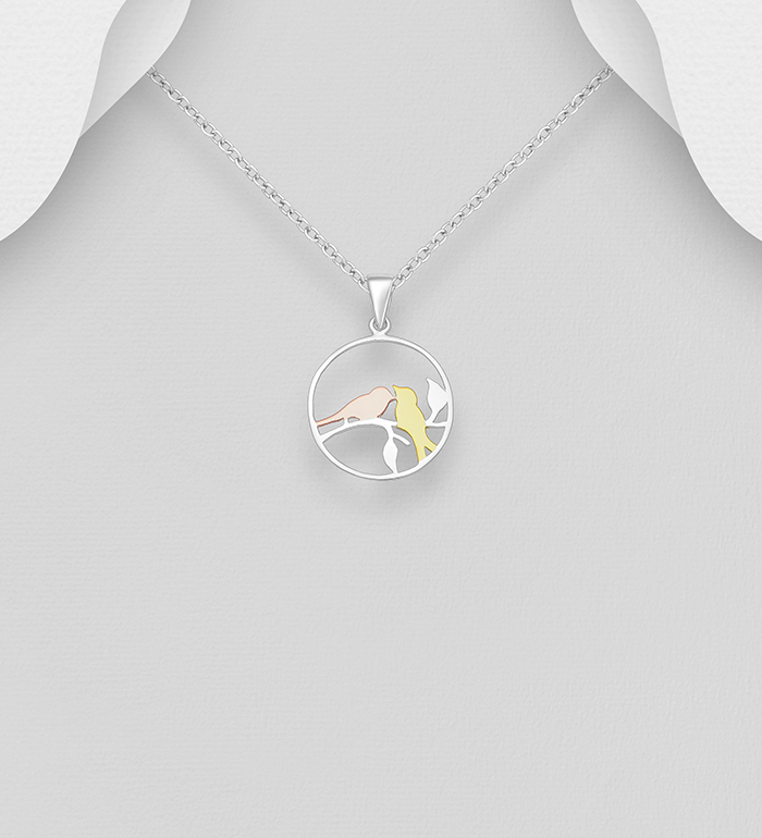 Wholesale 925 Sterling Silver Circle Birds Pendant, Birds Plated with 1 Micron 18K Yellow and Pink Gold - SKU #1063-1328