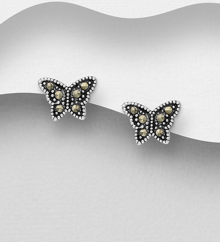 Wholesale 925 Sterling Silver Butterfly Push-Back Earrings Decorated With Marcasite - SKU #565-6067