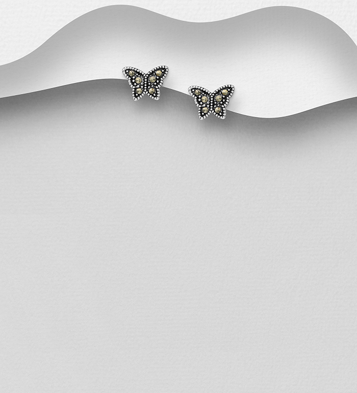 Wholesale 925 Sterling Silver Butterfly Push-Back Earrings Decorated With Marcasite - SKU #565-6067