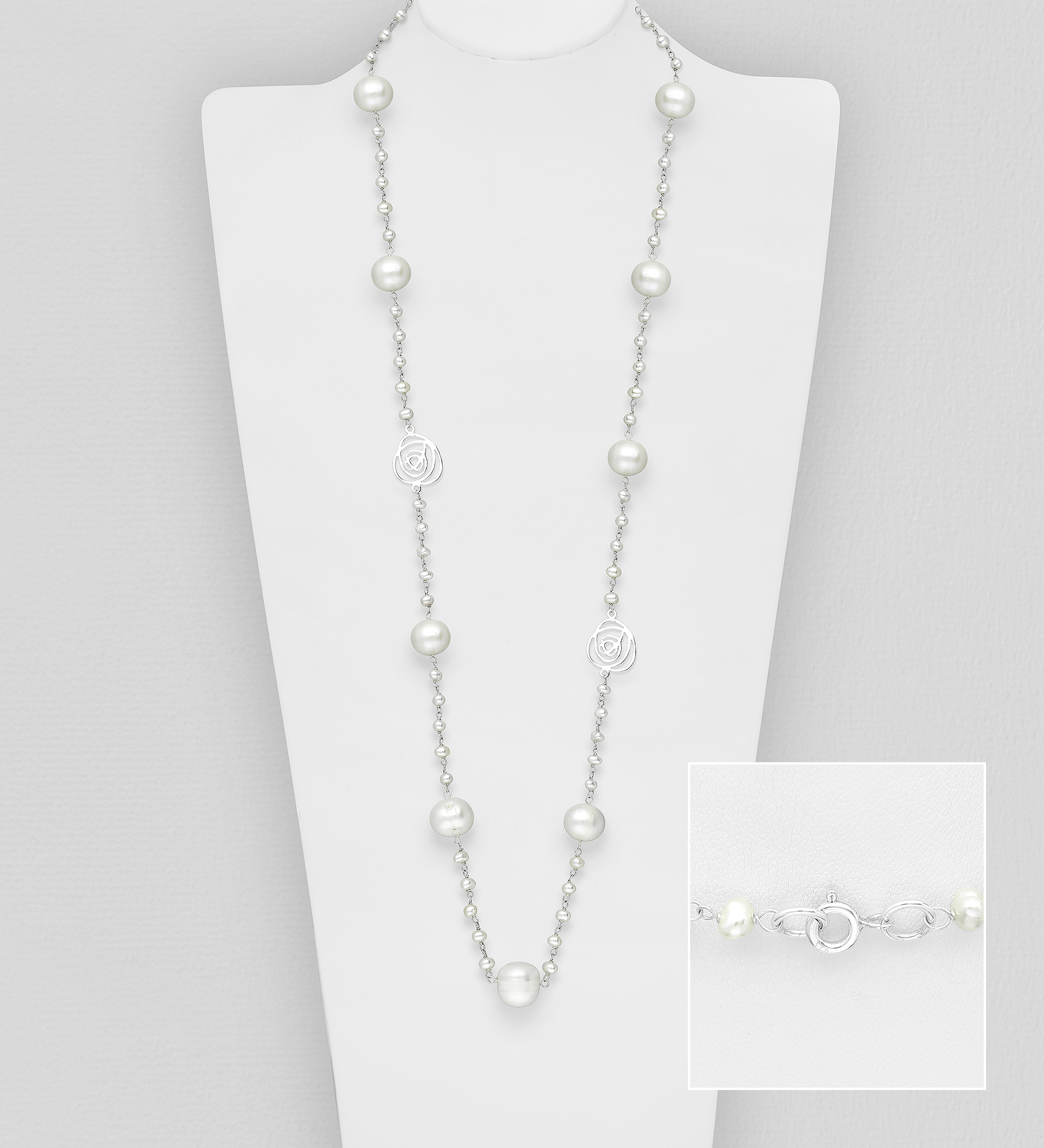 Wholesale 925 Sterling Silver Rose Necklace Beaded With Fresh Water Pearls - SKU #382-3965