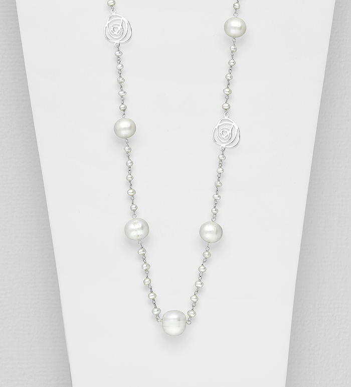 Wholesale 925 Sterling Silver Rose Necklace Beaded With Fresh Water Pearls - SKU #382-3965