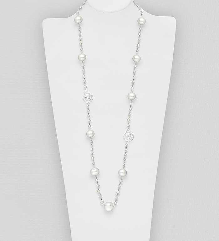 Wholesale 925 Sterling Silver Rose Necklace Beaded With Fresh Water Pearls - SKU #382-3965