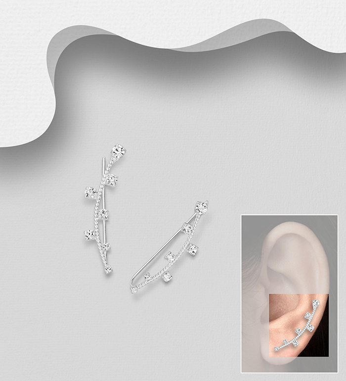 Wholesale 925 Sterling Silver Ear Pins, Decorated with Crystal Glass - SKU #578-2382
