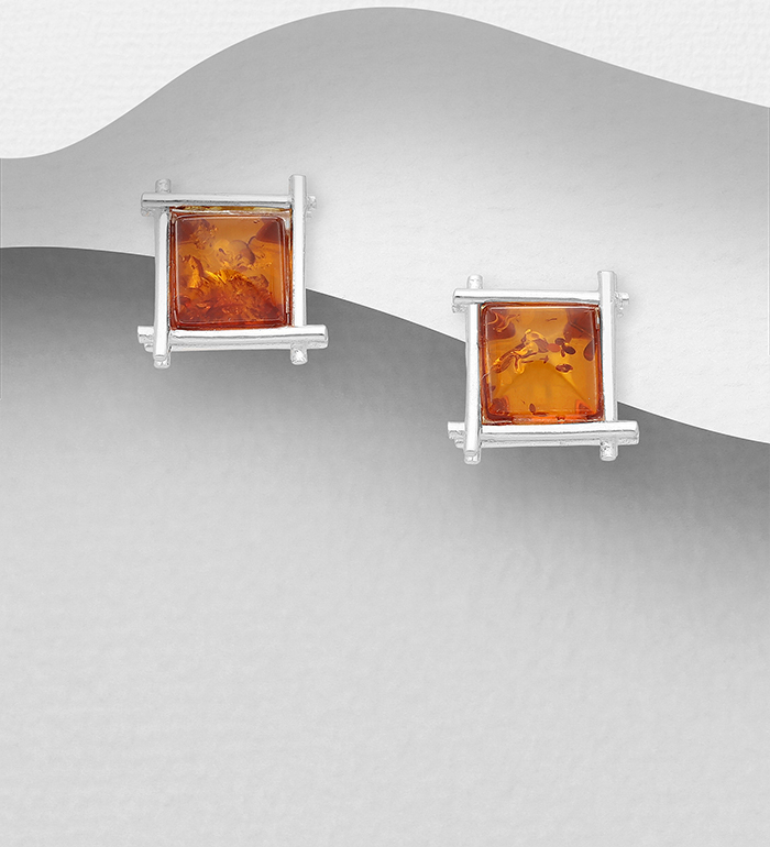 Wholesale 925 Sterling Silver Square Push-Back Earrings, Decorated with Baltic Amber - SKU #883-4913