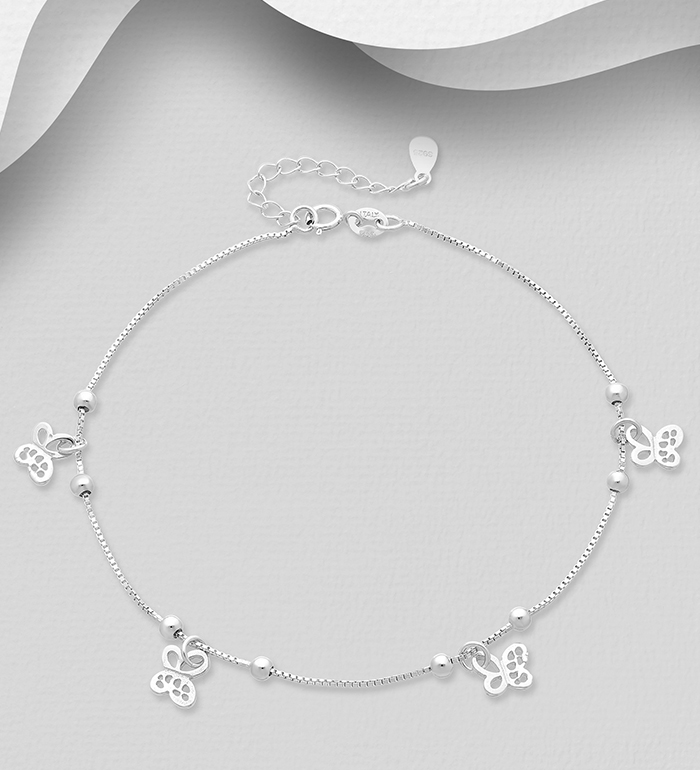 Wholesale 925 Sterling Silver Ball and Butterfly Anklet - SKU #1562-184