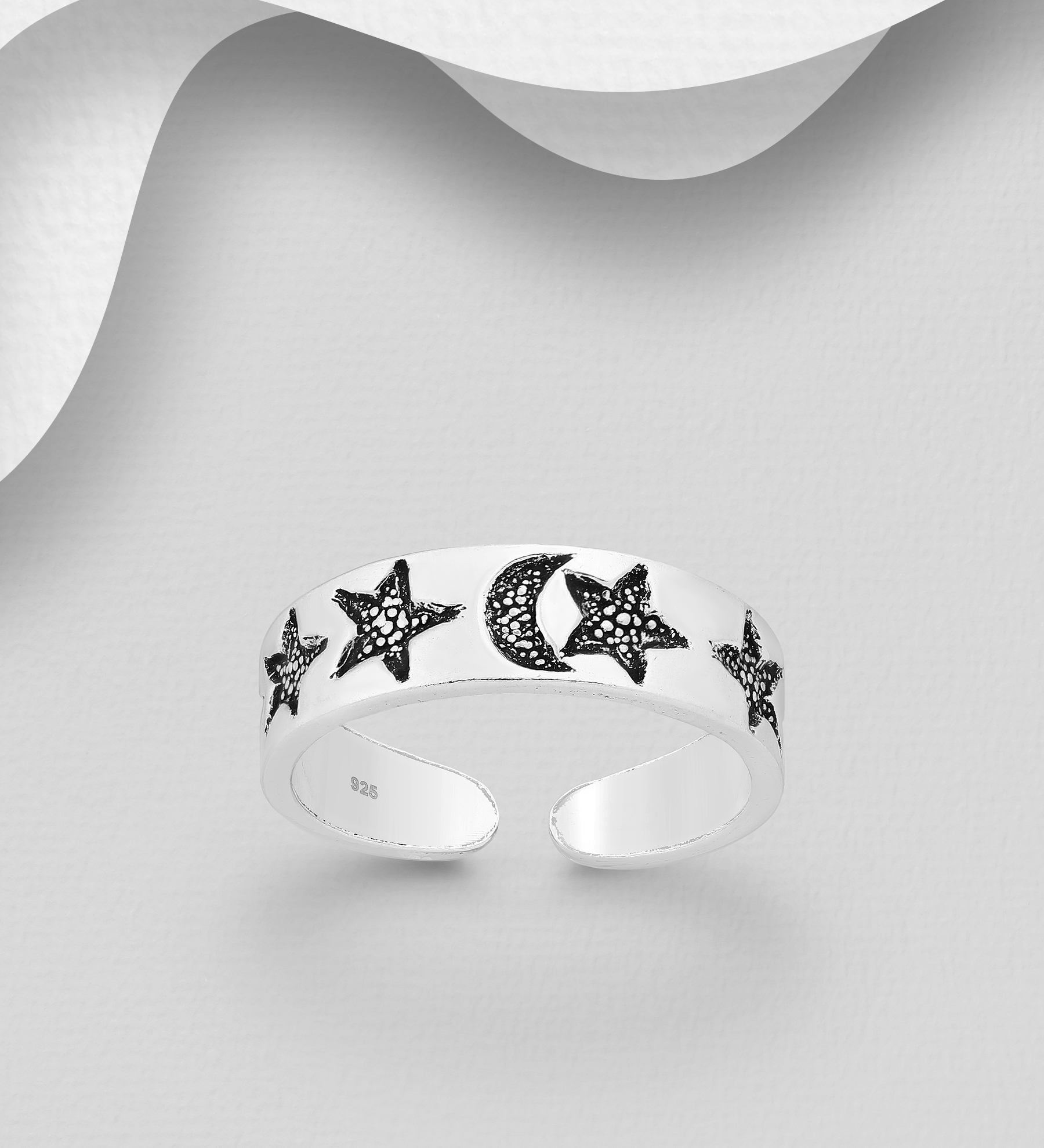 Wholesale 925 Sterling Silver Adjustable Oxidized Moon and Star Toe Ring - SKU #792-671