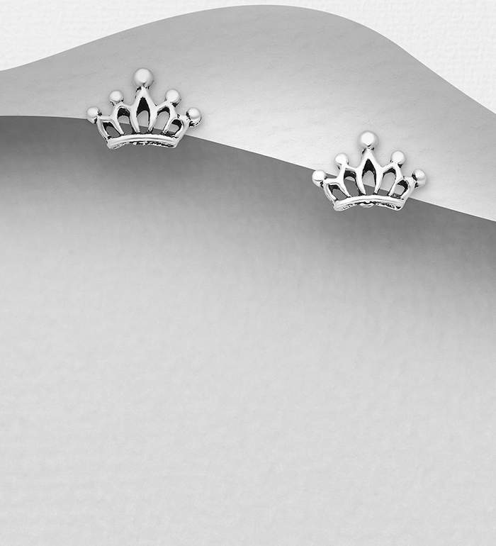 Wholesale 925 Sterling Silver Oxidized Crown Push-Back Earrings - SKU #1068-1324