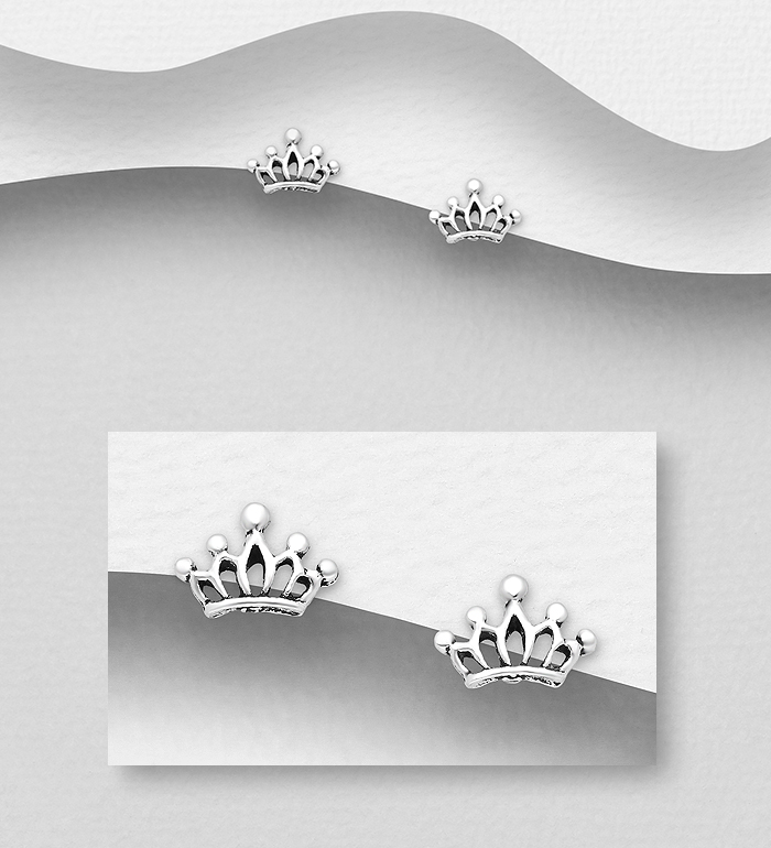 Wholesale 925 Sterling Silver Oxidized Crown Push-Back Earrings - SKU #1068-1324