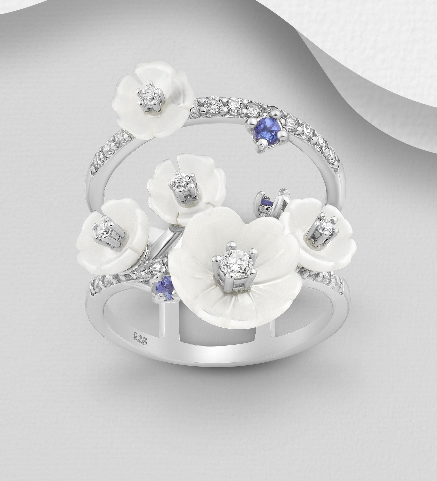La Preciada - Wholesale 925 Sterling Silver Flower Layered Ring, Decorated with Tanzanite, Shell and CZ Simulated Diamonds - SKU #883-5031