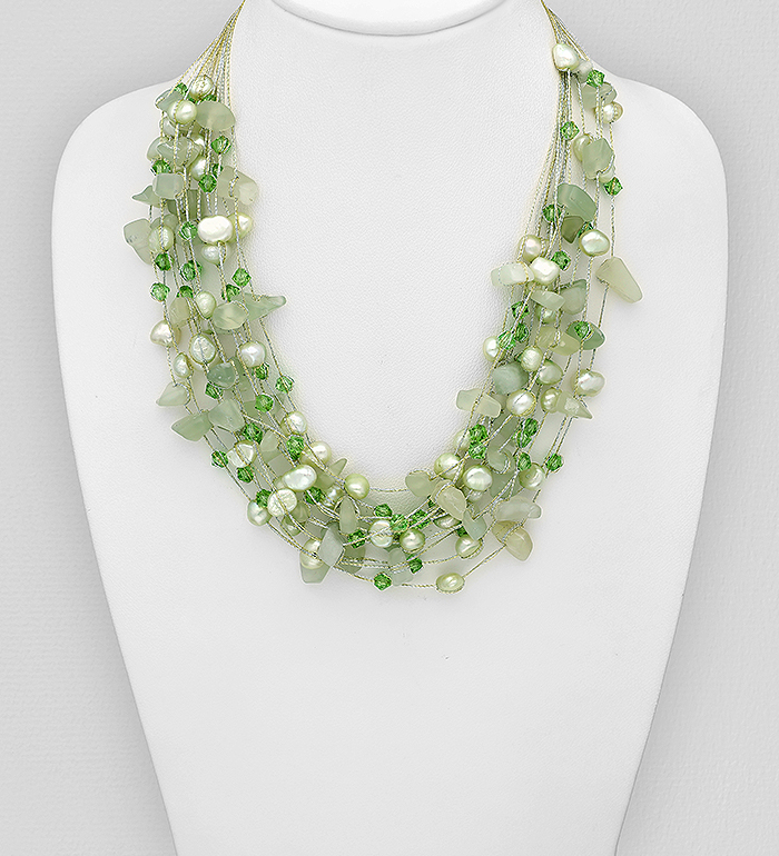 Wholesale Zinc Necklace Beaded With Semi-Gemstone Beads, Fresh Water Pearls And Crystal Glass - SKU #727-3202