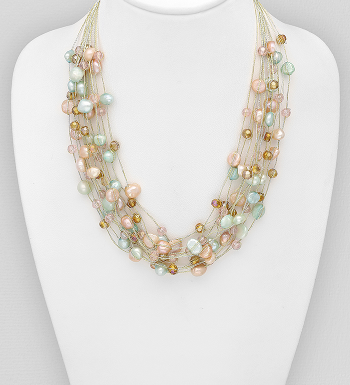 Wholesale Zinc Necklace Beaded With Fresh Water Pearls And Crystal Glass - SKU #727-3204