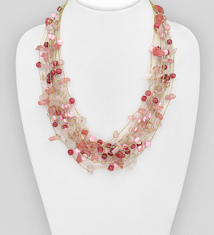Wholesale Zinc Necklace Beaded With Semi-Gemstone Beads And Fresh Water Pearls - SKU #727-3205
