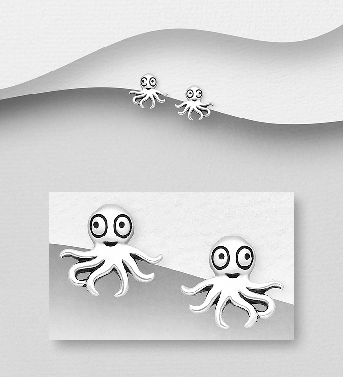 Wholesale 925 Sterling Silver Oxidized Octopus Push-Back Earrings - SKU #1063-1558