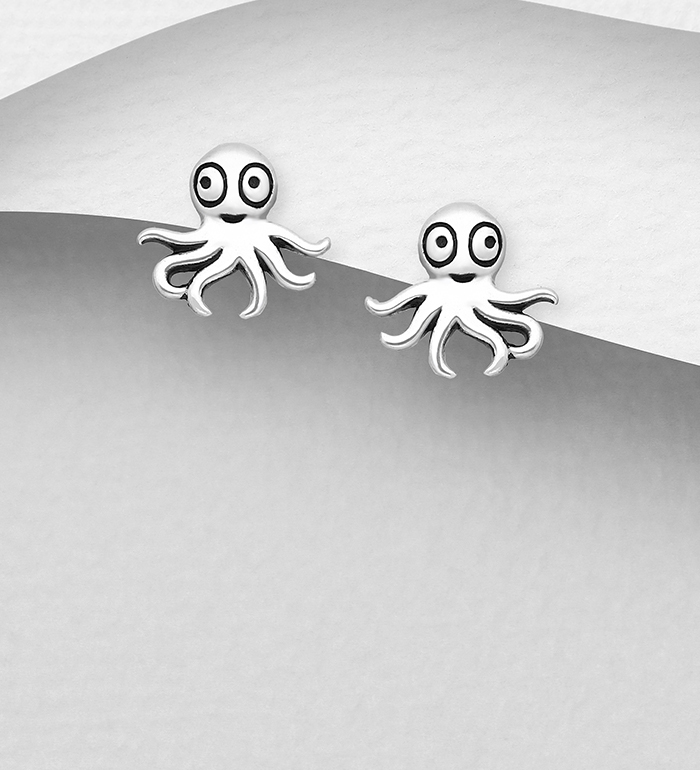 Wholesale 925 Sterling Silver Oxidized Octopus Push-Back Earrings - SKU #1063-1558