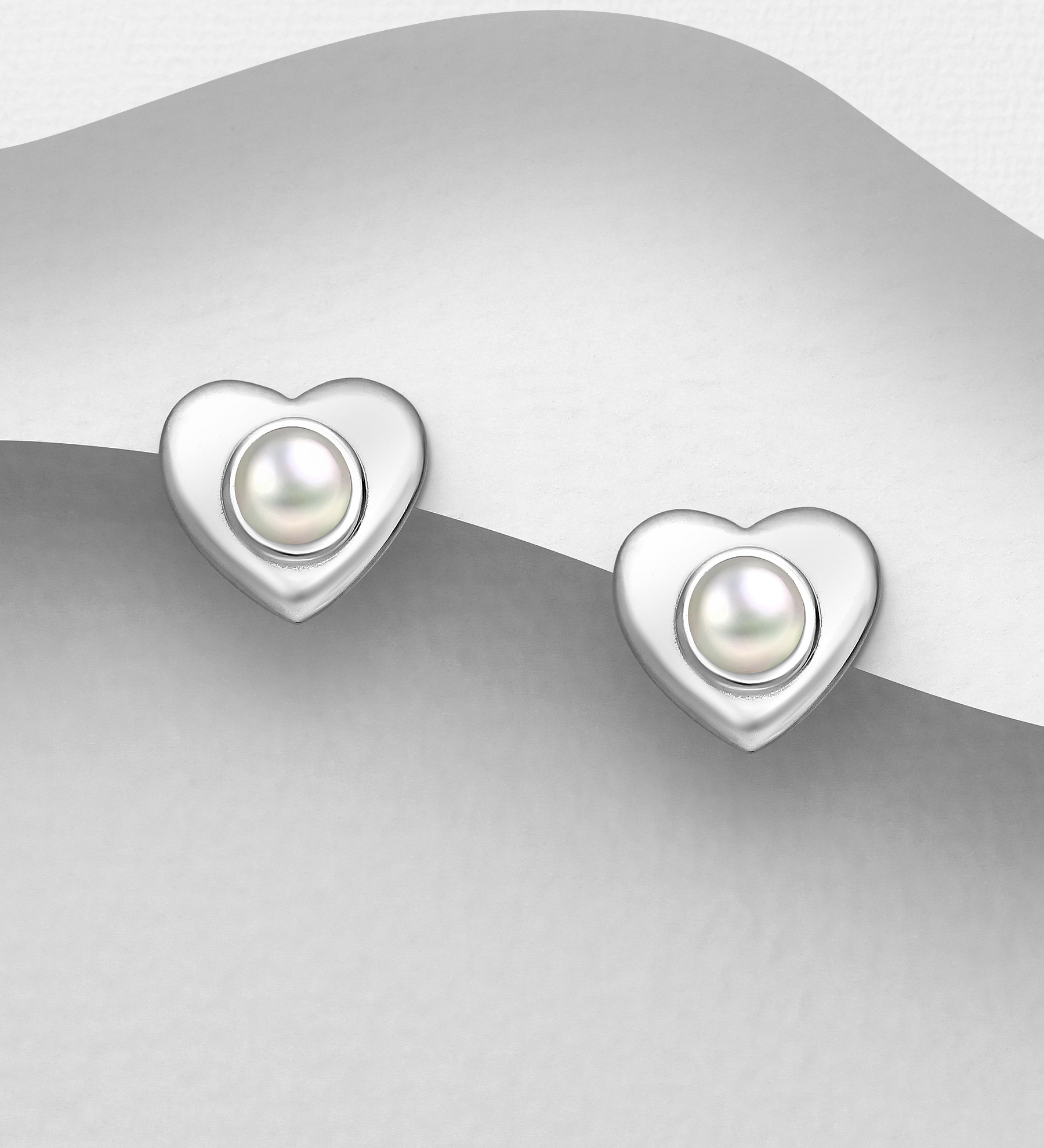 Wholesale 925 Sterling Silver Heart Push-Back Earrings, Decorated with Freshwater Pearls - SKU #1063-1567