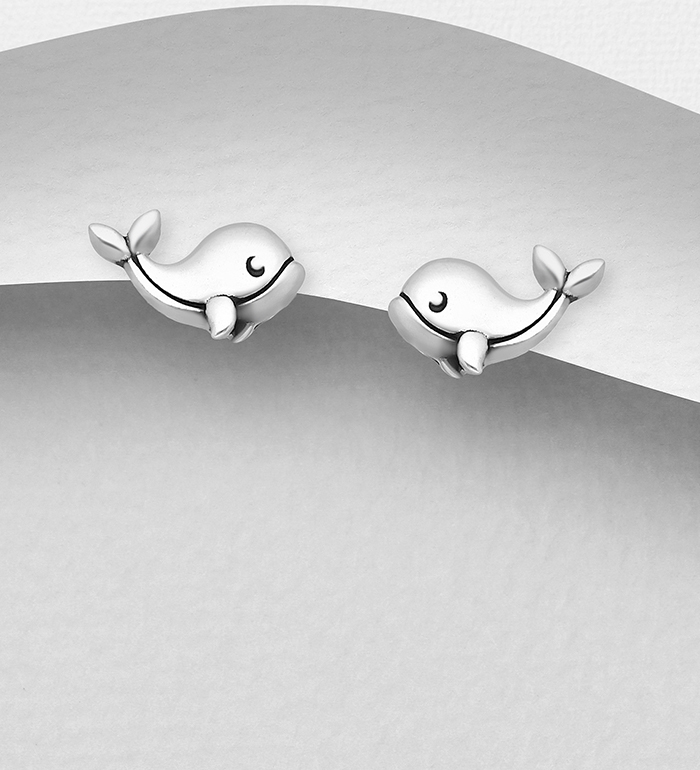 Wholesale 925 Sterling Silver Oxidized Dolphin Push-Back Earrings - SKU #1063-1569
