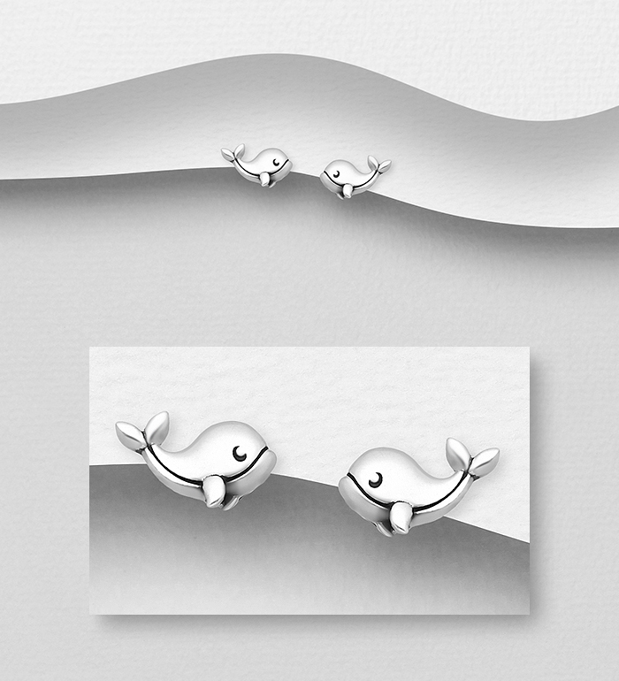 Wholesale 925 Sterling Silver Oxidized Dolphin Push-Back Earrings - SKU #1063-1569