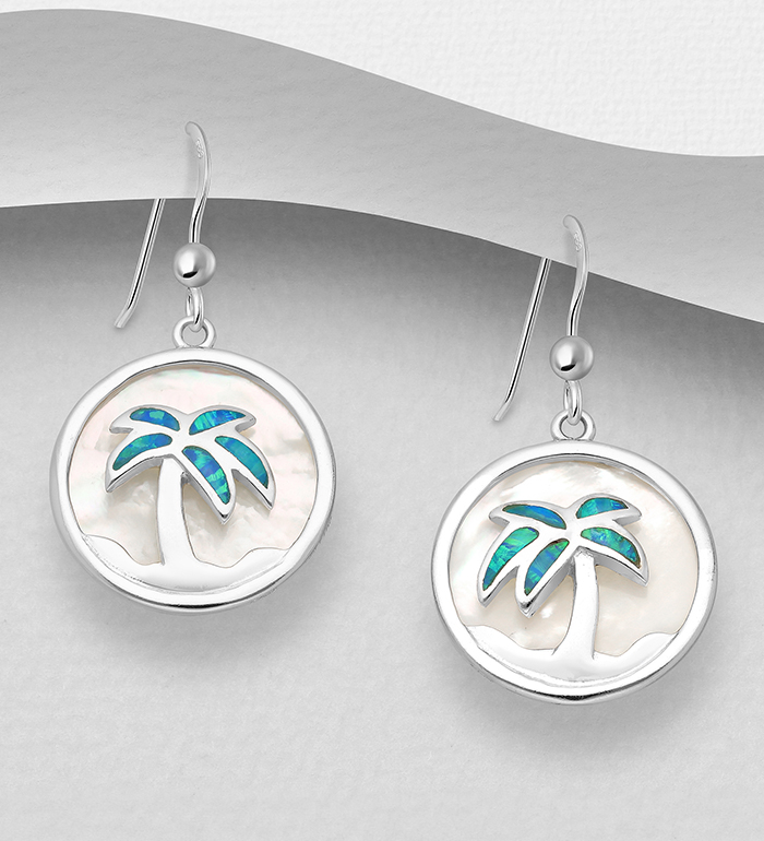 Wholesale 925 Sterling Silver Coconut Tree Hook Earrings Decorated With Lab-Created Opal & Shell - SKU #473-2938