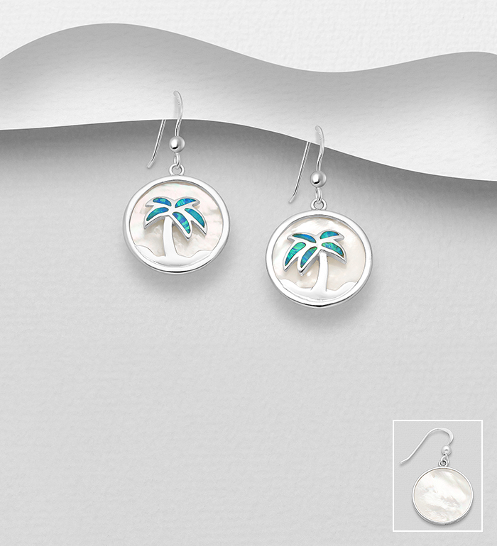 Wholesale 925 Sterling Silver Coconut Tree Hook Earrings Decorated With Lab-Created Opal & Shell - SKU #473-2938