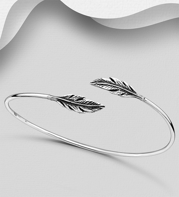 Wholesale 925 Sterling Silver Oxidized Feather Cuff Bracelet - SKU #706-24680