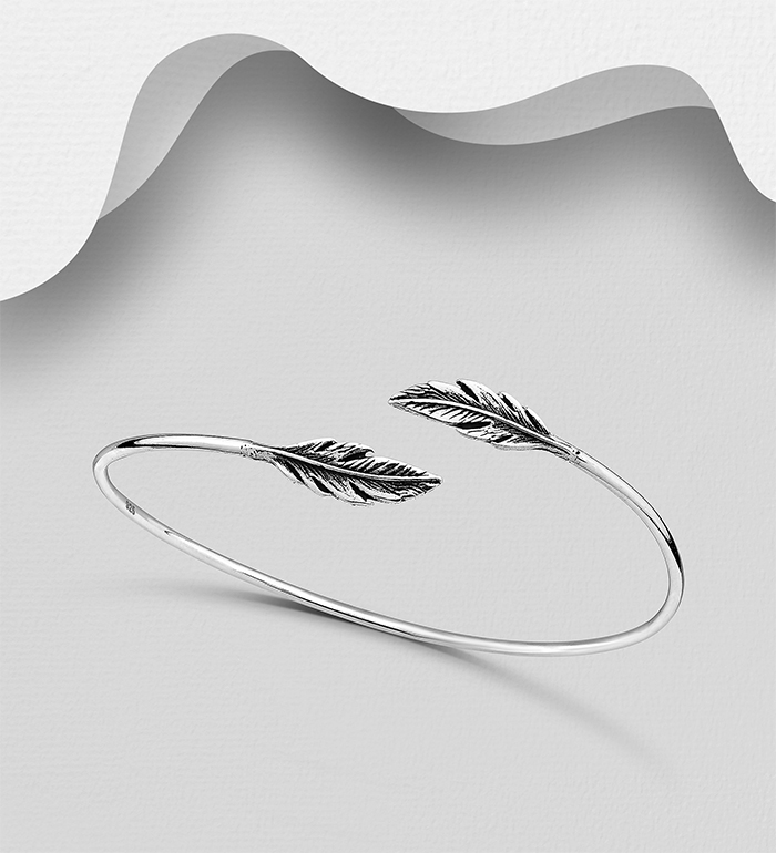 Wholesale 925 Sterling Silver Oxidized Feather Cuff Bracelet - SKU #706-24680