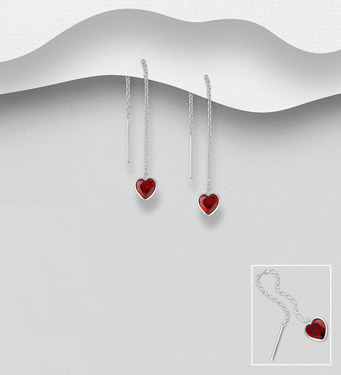 Wholesale 925 Sterling Silver Heart Threader Earrings Decorated with CZ Simulated Diamonds - SKU #701-19708