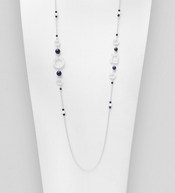 Wholesale 925 Sterling Silver Matte Circle and Rectangle Necklace, Beaded with Various Gemstones - SKU #781-5498