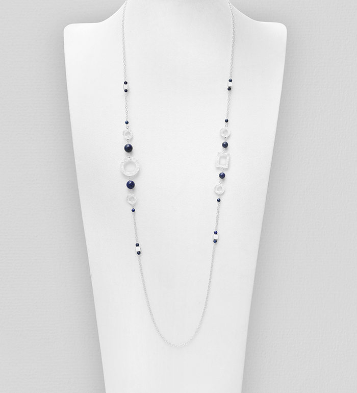 Wholesale 925 Sterling Silver Matte Circle and Rectangle Necklace, Beaded with Various Gemstones - SKU #781-5498