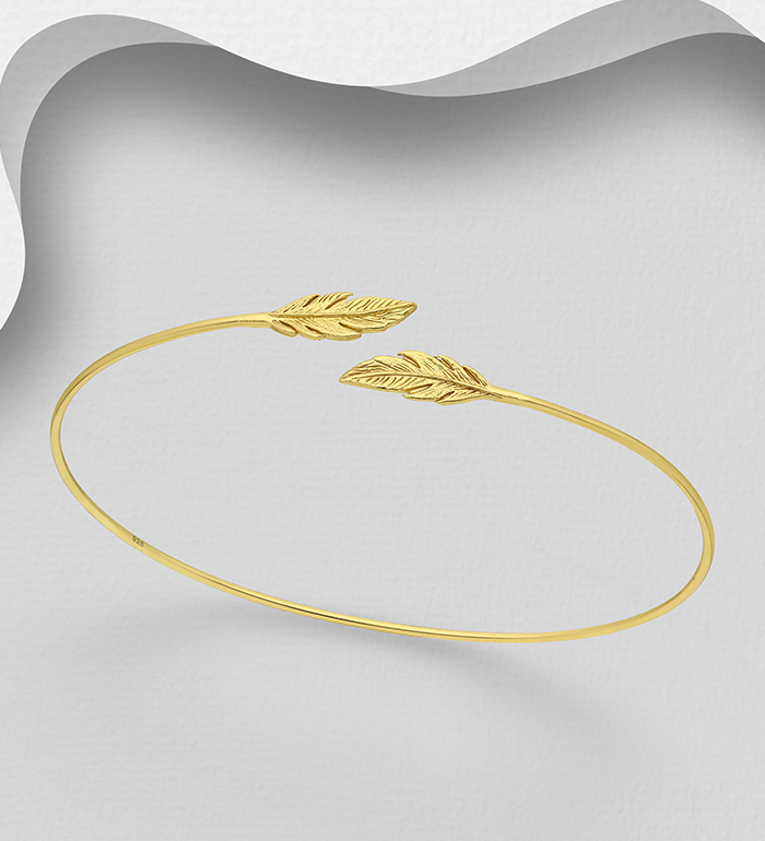 Wholesale 925 Sterling Silver Feather Cuff, Plated with 1 Micron 14K or 18K Yellow Gold - SKU #1535-571
