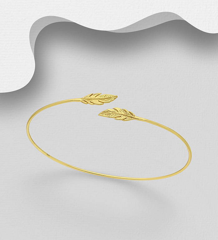 Wholesale 925 Sterling Silver Feather Cuff, Plated with 1 Micron 14K or 18K Yellow Gold - SKU #1535-571