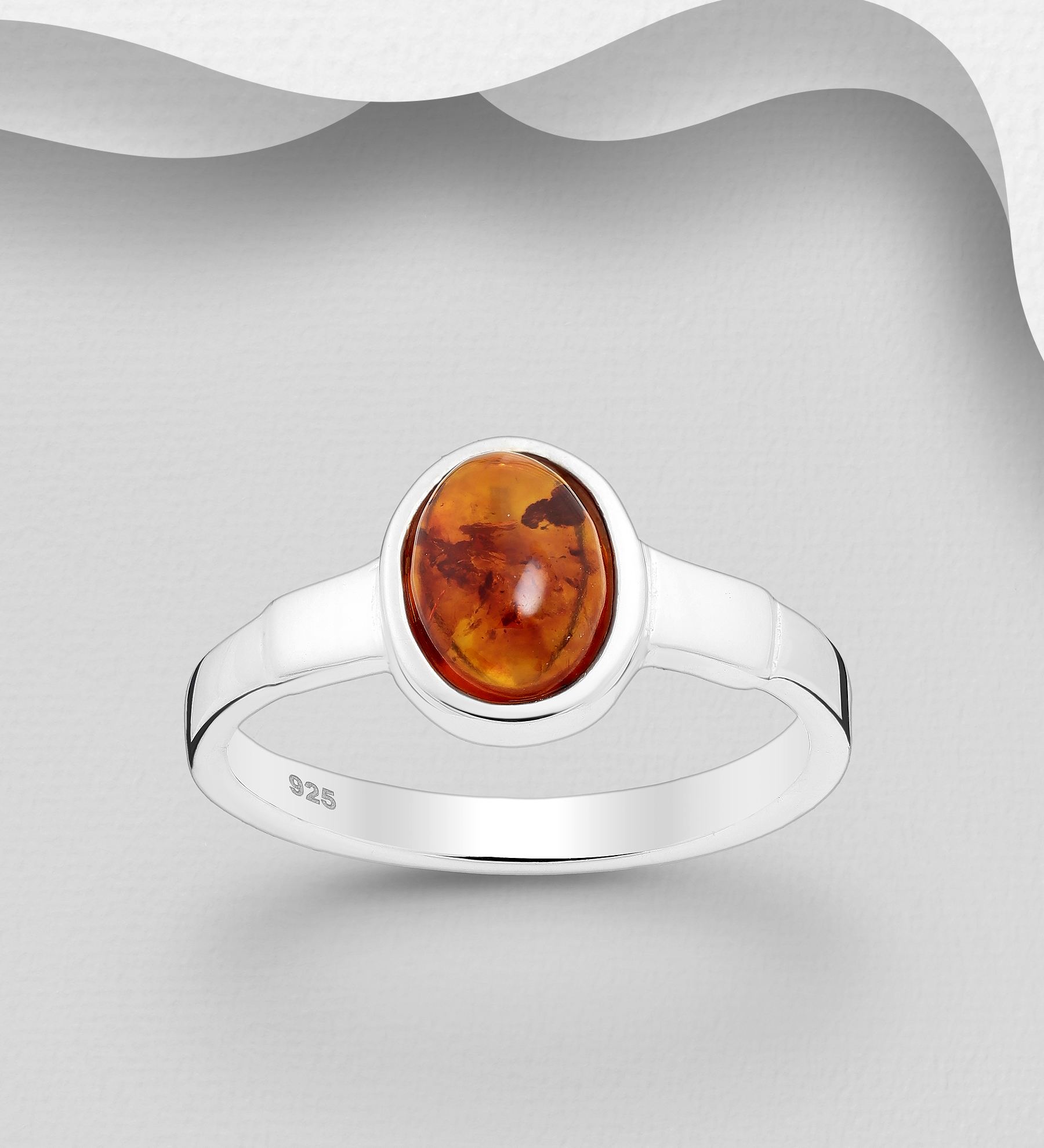 Wholesale 925 Sterling Silver Solitaire Ring, Decorated with Baltic Amber - SKU #883-5482