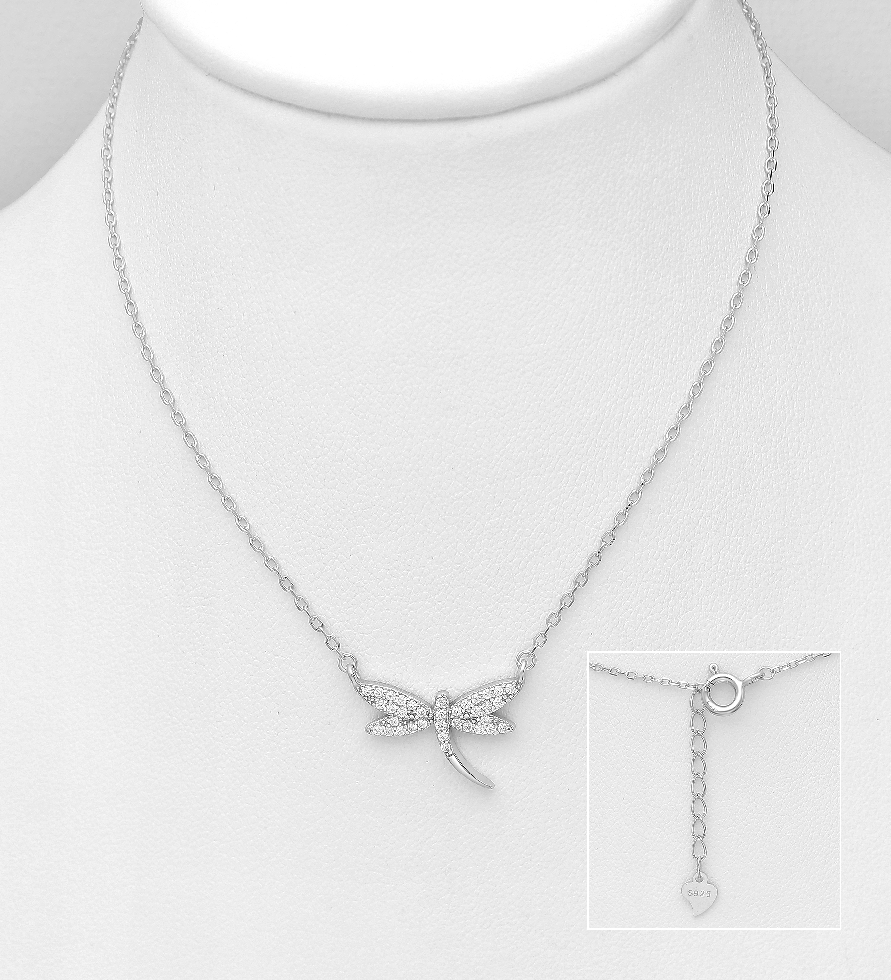 Wholesale 925 Sterling Silver Dragonfly Necklace Decorated with CZ Simulated Diamonds, Plated with Rhodium - SKU #701-19939