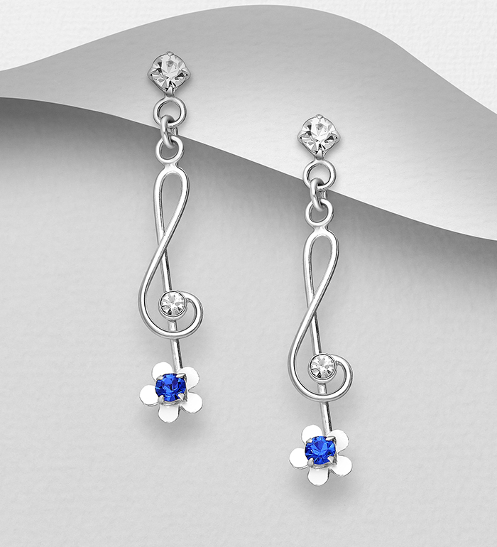 Wholesale 925 Sterling Silver Flower and Music Notes Push-Back Earrings, Decorated with Various Colors of Crystal Glass - SKU #578-2596