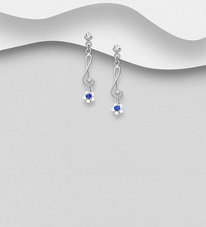 Wholesale 925 Sterling Silver Flower and Music Notes Push-Back Earrings, Decorated with Various Colors of Crystal Glass - SKU #578-2596