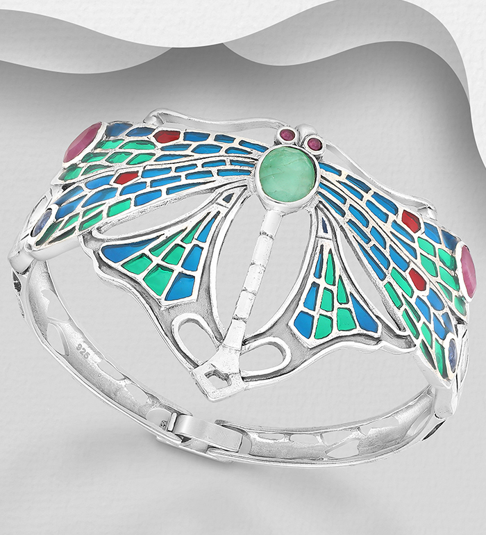 Wholesale 925 Sterling Silver Dragonfly Bracelet, Decorated with Colored Enamel and Various Gemstones - SKU #883-5535