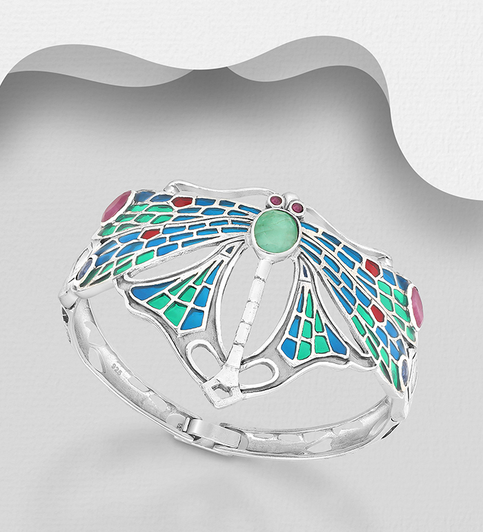 Wholesale 925 Sterling Silver Dragonfly Bracelet, Decorated with Colored Enamel and Various Gemstones - SKU #883-5535