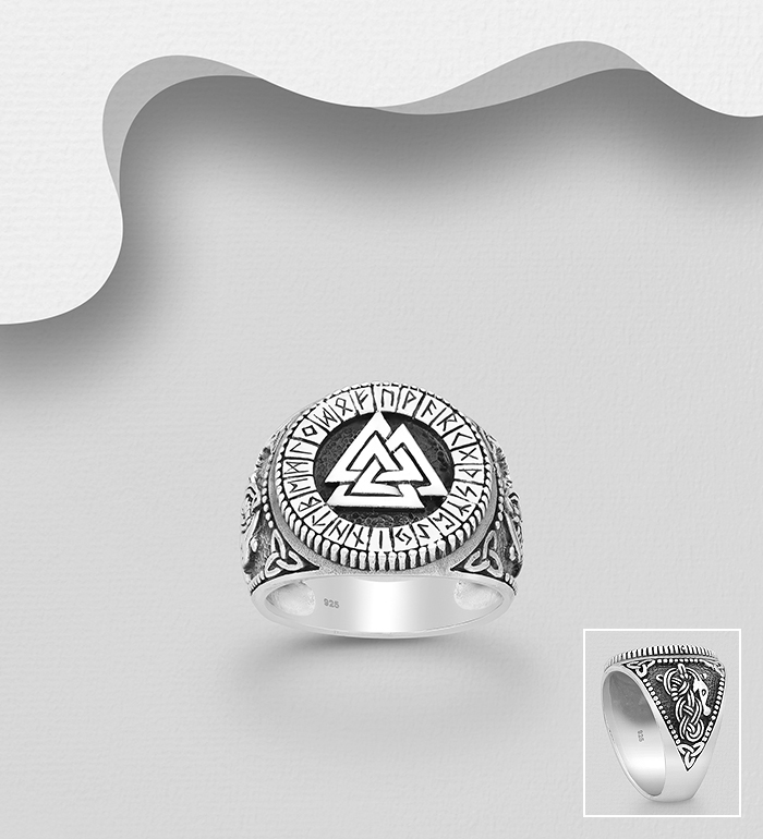 Wholesale 925 Sterling Silver Celtic Snake and Valknut Ring - SKU #1563-383