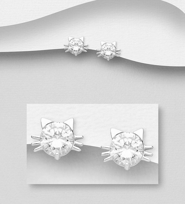 Wholesale 925 Sterling Silver Cat Push-Back Earrings, Decorated with CZ Simulated Diamonds - SKU #701-20036