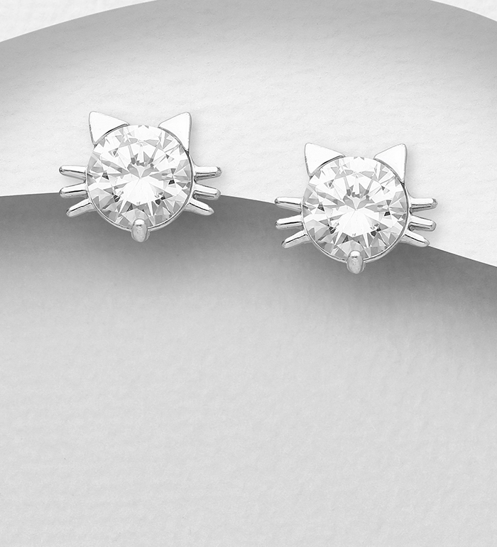Wholesale 925 Sterling Silver Cat Push-Back Earrings, Decorated with CZ Simulated Diamonds - SKU #701-20036
