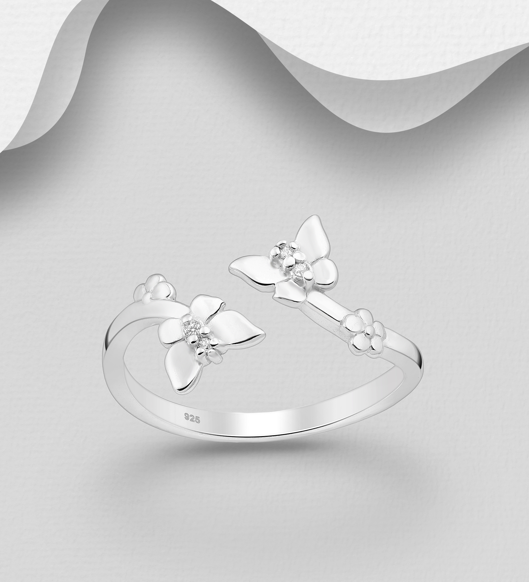 Wholesale 925 Sterling Silver Adjustable Butterfly Ring Decorated with CZ Simulated Diamonds - SKU #1063-1894